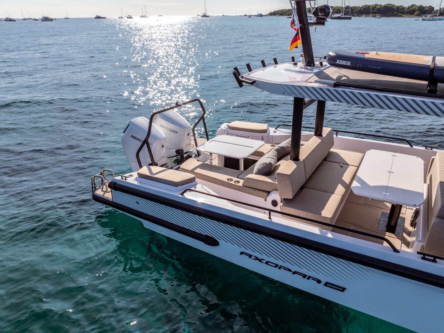 Exterior deck of a Axopar yacht overlooking the Mauritian lagoon