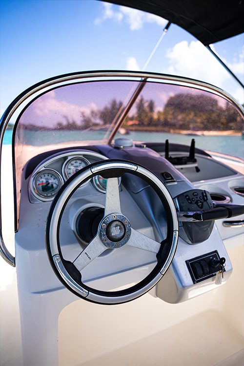 Exterior deck of a Cobra Watercraft yacht overlooking the Mauritian lagoon