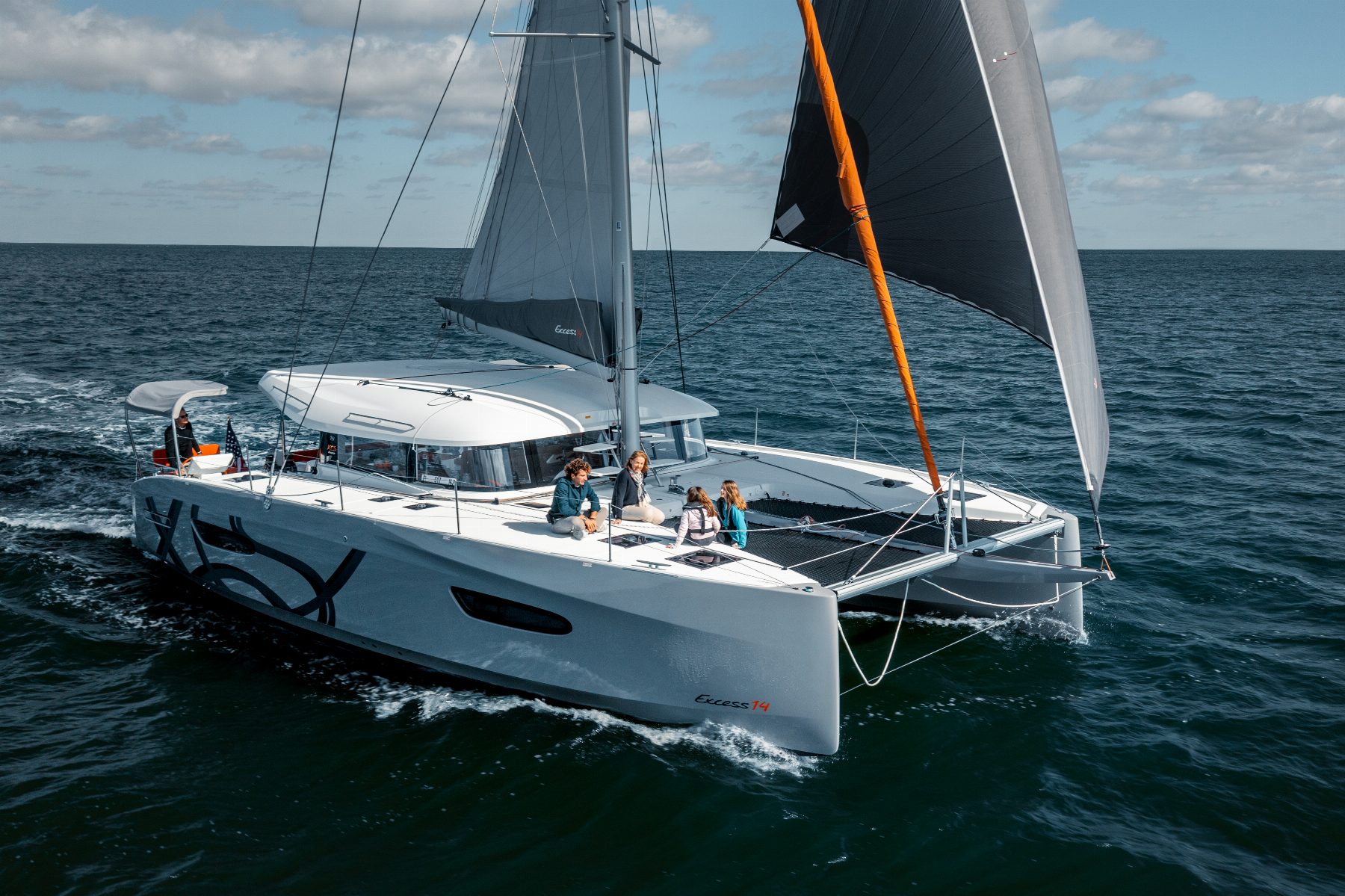 Exterior deck of a Excess Catamarans yacht overlooking the Mauritian lagoon