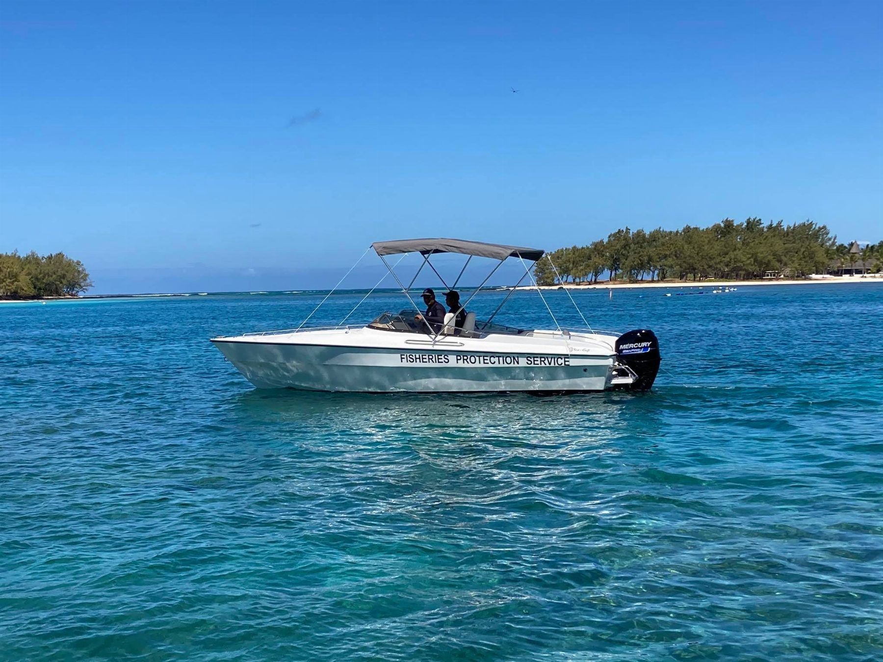 Exterior deck of a Resiglas yacht overlooking the Mauritian lagoon